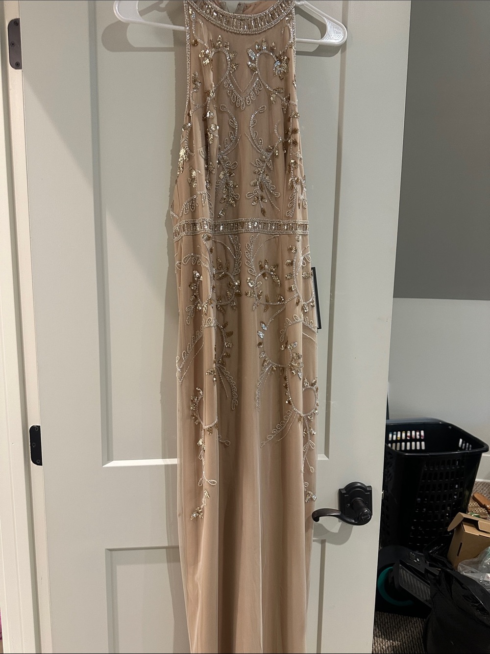 Adrianna Papell Beaded Nude/Champagne Maxi Dress